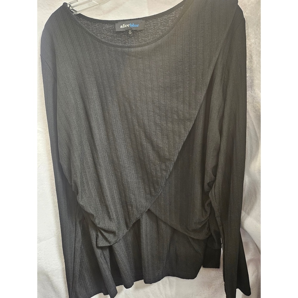 Alice Blue Black Ribbed Crossover Front Long Sleeve Top Plus Size 3X